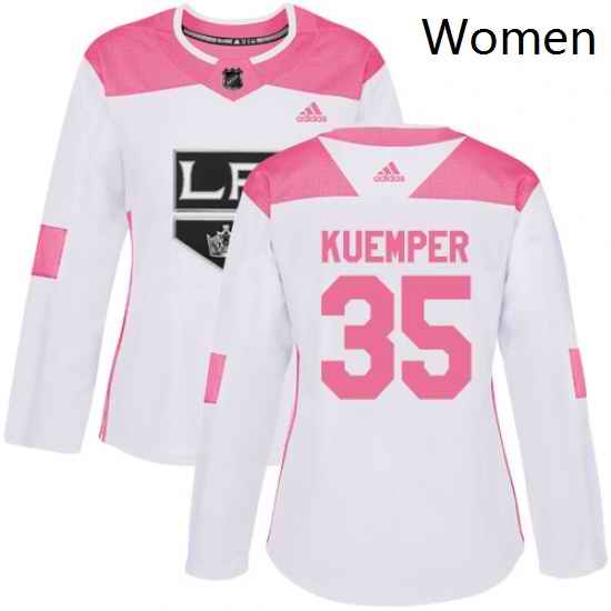 Womens Adidas Los Angeles Kings 35 Darcy Kuemper Authentic WhitePink Fashion NHL Jersey
